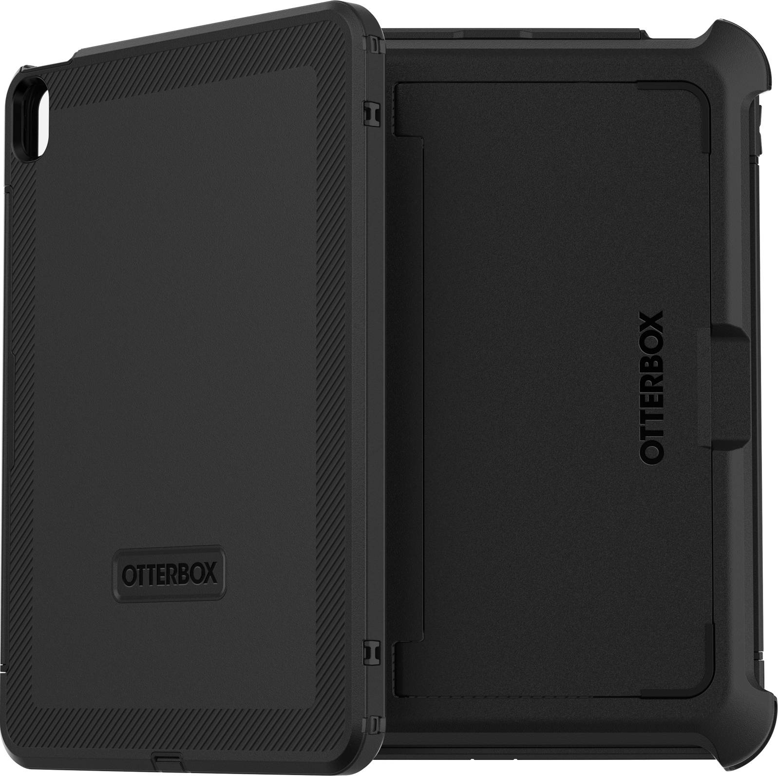 Černý tvrdý ochranný kryt na tablet označený logem 'Otterbox' poskytuje robustní ochranu přední i zadní strany zařízení.