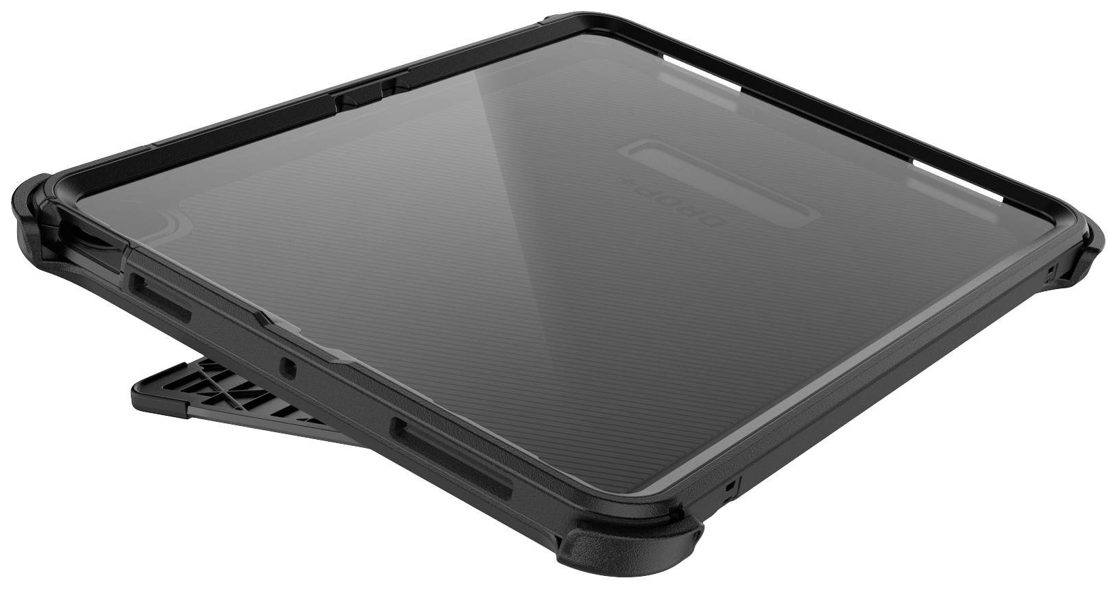 Robustní černý ochranný kryt pro tablet, lehce nakloněný s integrovanou podstavou, poskytuje ochranu a funkčnost.