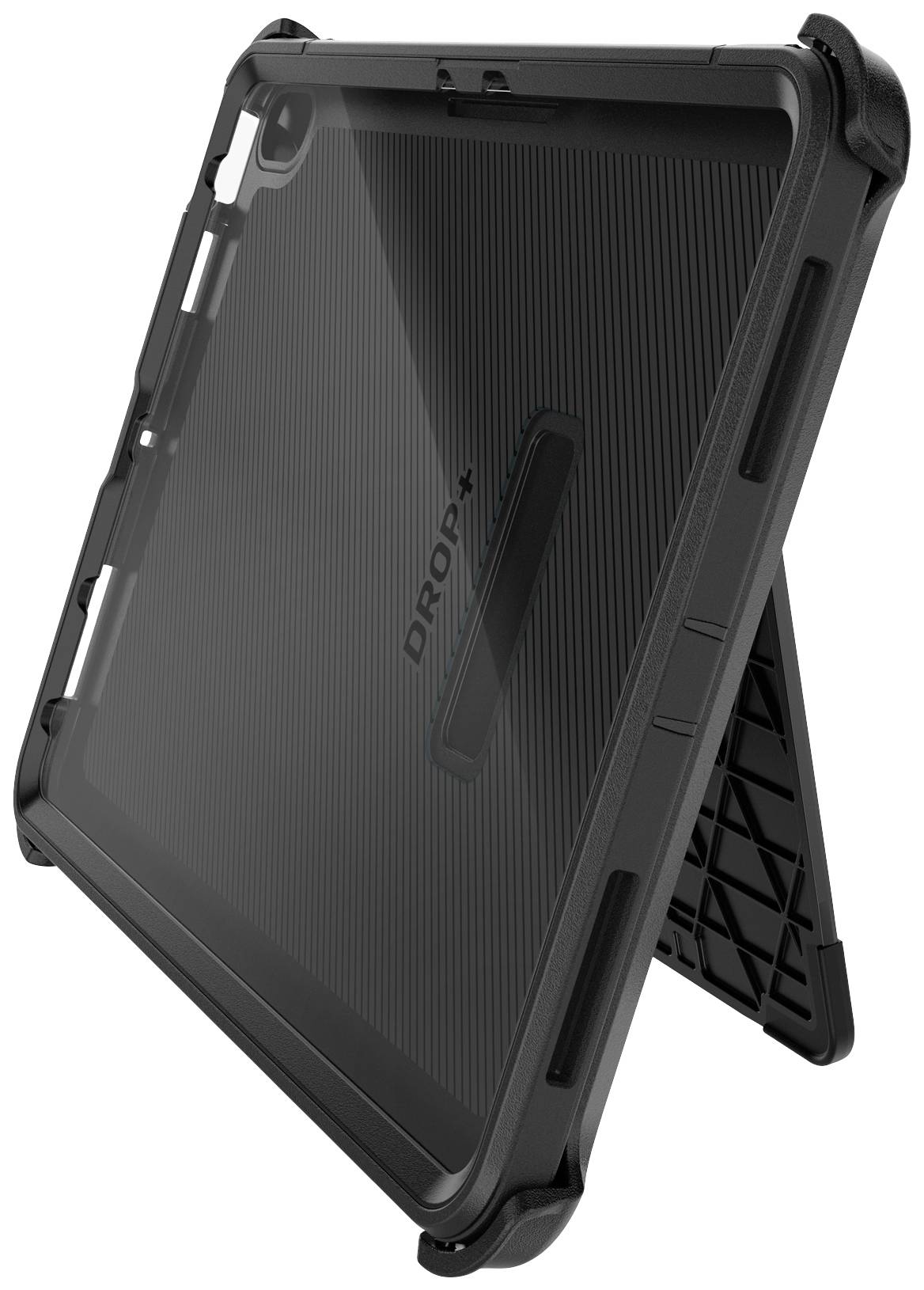 Robustní stojan na tablet v černé barvě s integrovanou podpěrou pro horizontální umístění, vhodný pro bezpečné uchycení tabletu.