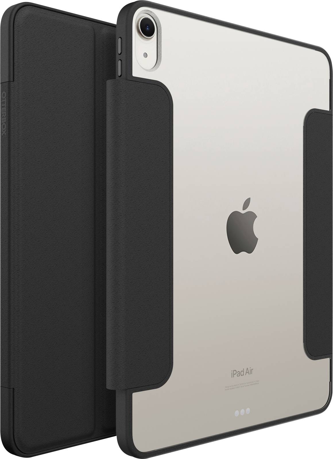 Apple iPad Air zobrazený v černém pouzdru stylu folio, pohled zezadu s viditelným výřezem pro kameru a logem Apple.