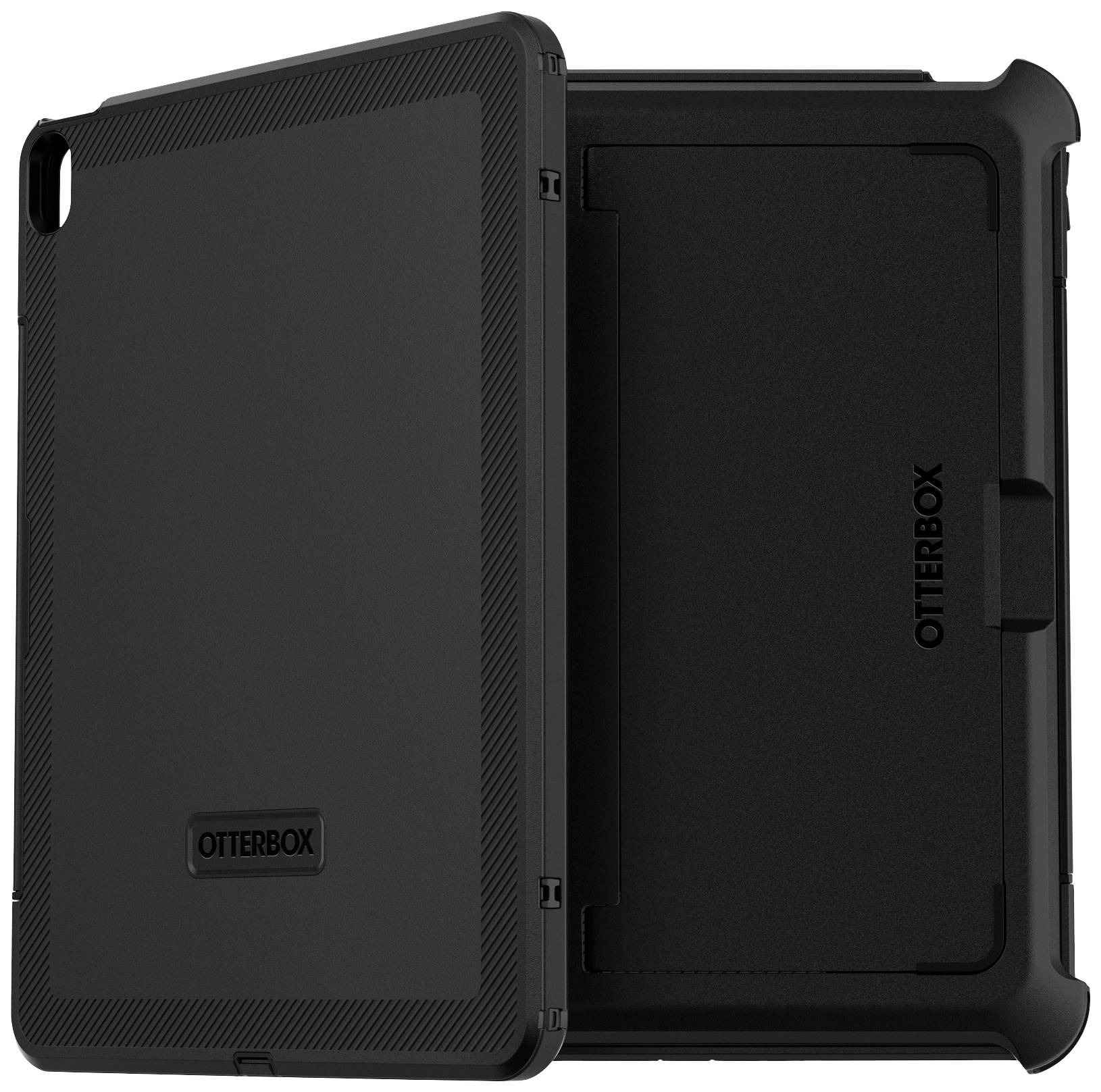 Obrázek ukazuje černý ochranný kryt tabletu od značky Otterbox s robustní konstruktí, který je navržen k ochraně tabletu před nárazy a škrábanci.
