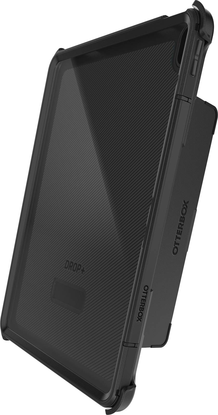 Černý ochranný kryt tabletu od Otterboxu v šikmém pohledu, který ukazuje robustní design a nárazuvzdornost. Ideální pro ochranu zařízení při cestování.