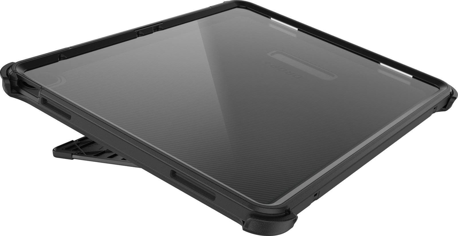 Tablet v černém ochranném obalu s integrovaným stojánkem, leží plochý na povrchu.
