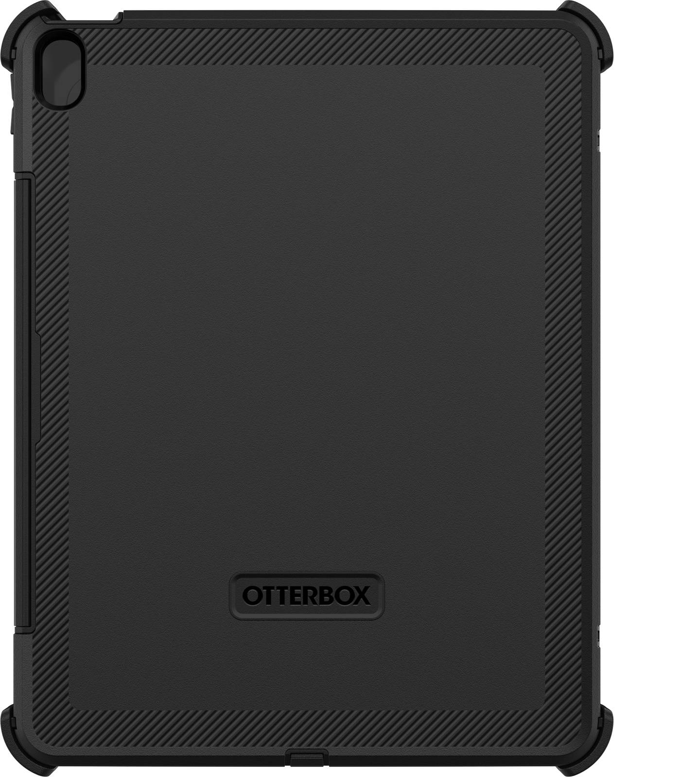 Černý ochranný kryt Otterbox pro tablet, známý svou robustní konstrukcí a zesílenými rohy pro ochranu před pádem.