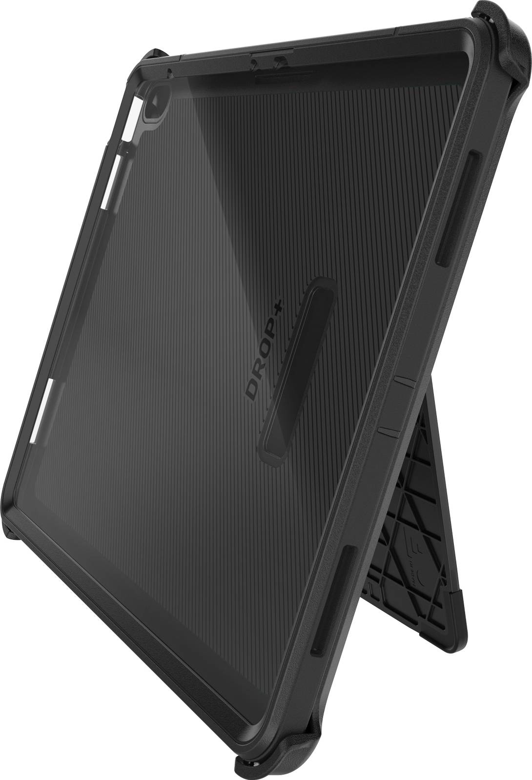 Černý tablet je umístěn v robustním ochranném pouzdře s integrovaným stojánkem v šikmém úhlu.