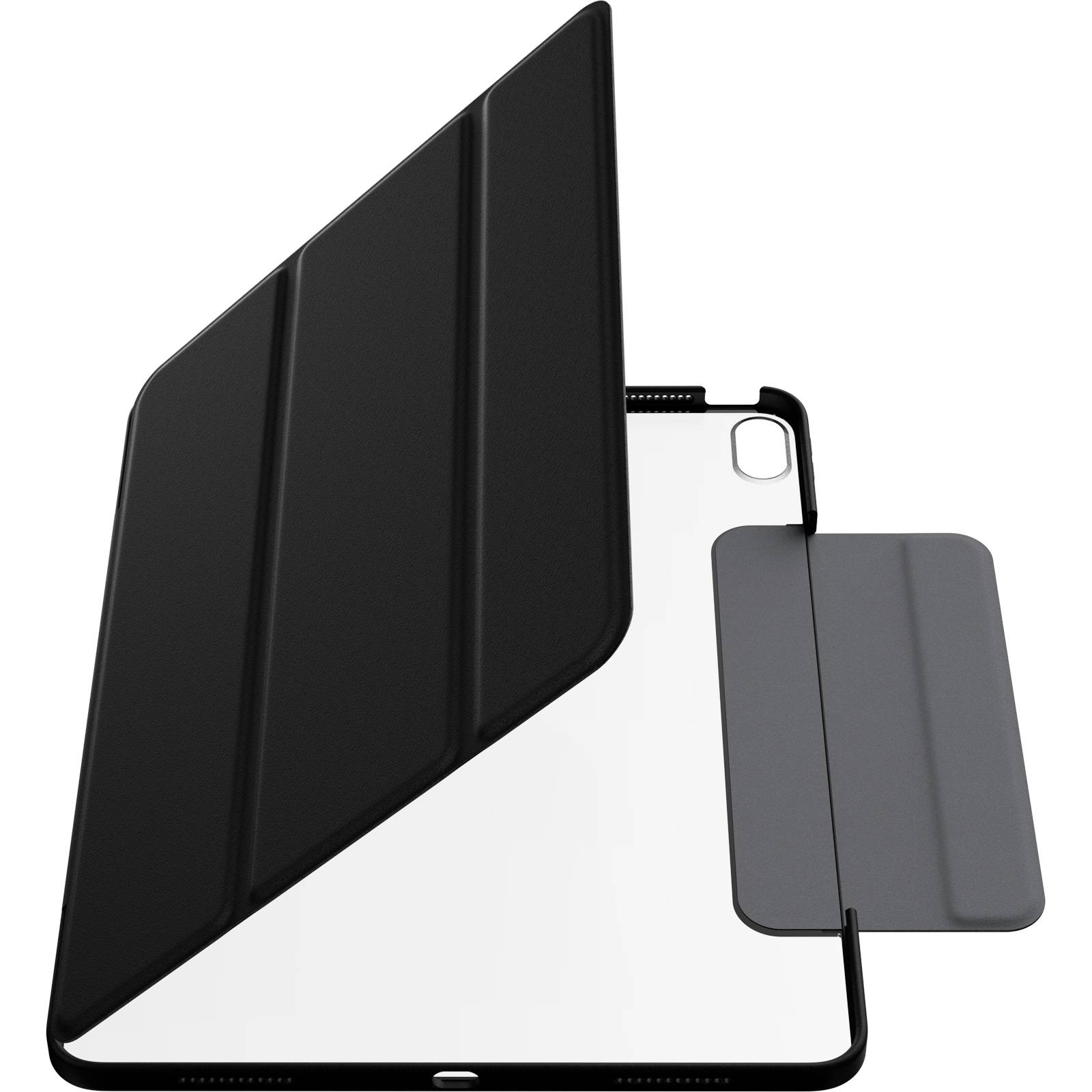 Na obrázku je černý obal na tablet s výklopným krytem, který je částečně otevřený.