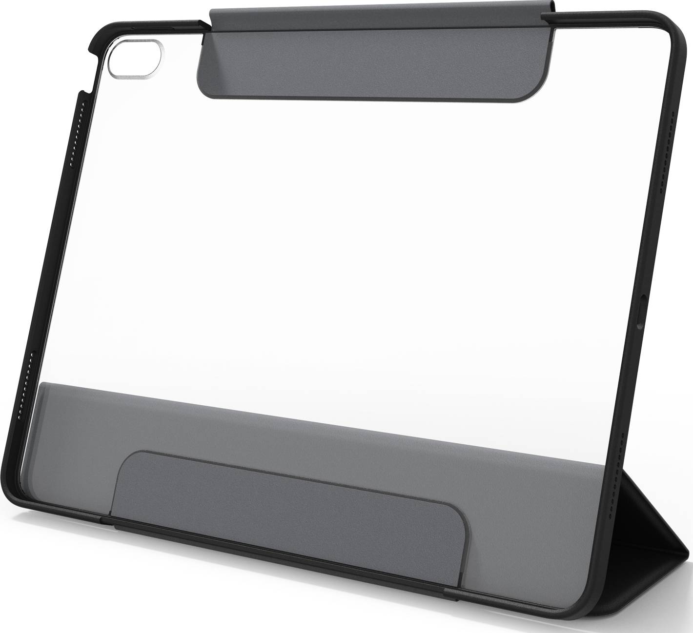 Ochranný kryt z černého plastu pro tablet, s integrovanou stojanovou funkcí a výřezy pro kameru a konektory.