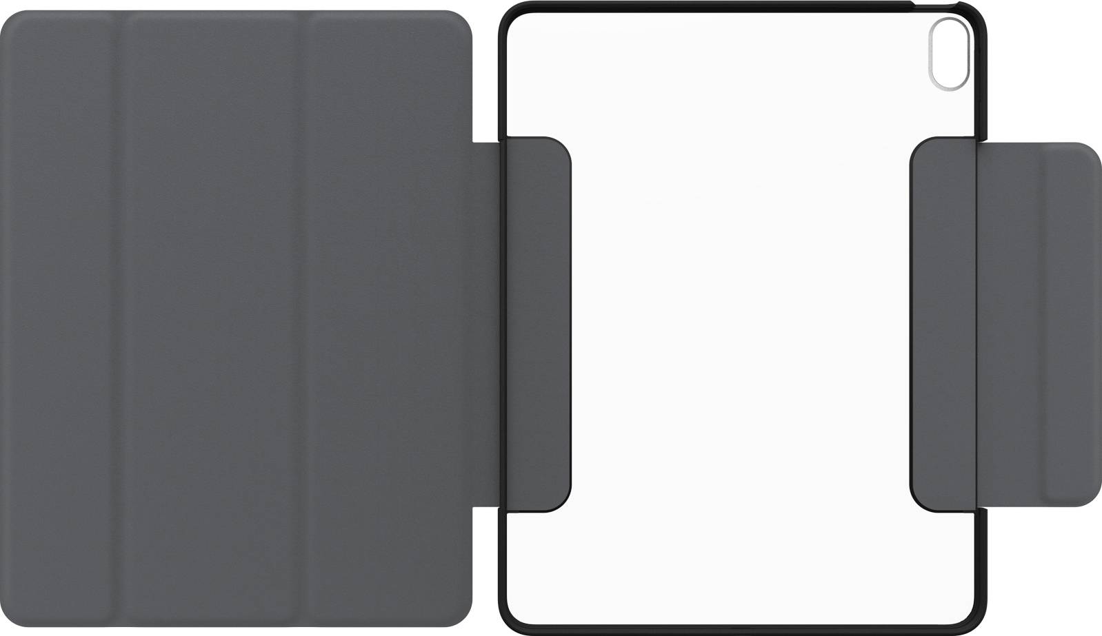 Šedočerný obal na tablet s odnímatelným designem, zobrazený v otevřeném stavu, vhodný pro tablety se zaoblenými rohy.