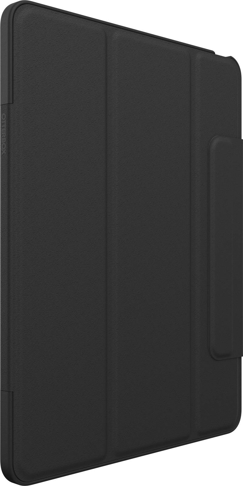 Černý tablet obal s funkcí sklopení, stojící na rovném povrchu.