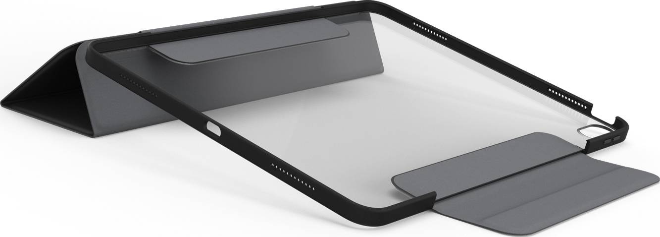 Černý obal na tablet s výklopným stojánkem, který zajišťuje stabilitu a ochranu tabletu, ideální pro praktické použití.
