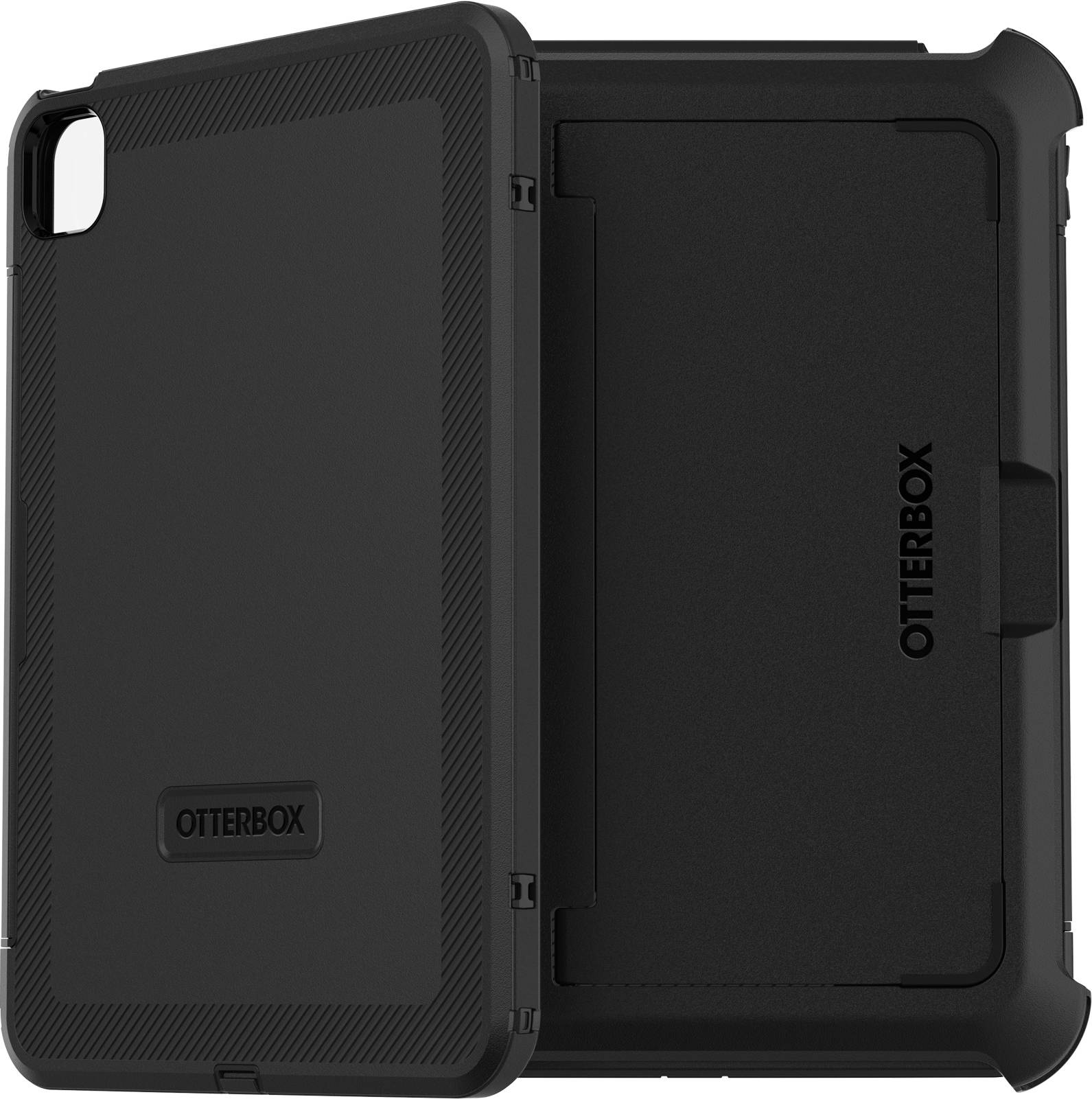 Černý ochranný kryt Otterbox pro tablet, postavený ve svislé poloze. Robustní design poskytuje ochranu a stabilitu.