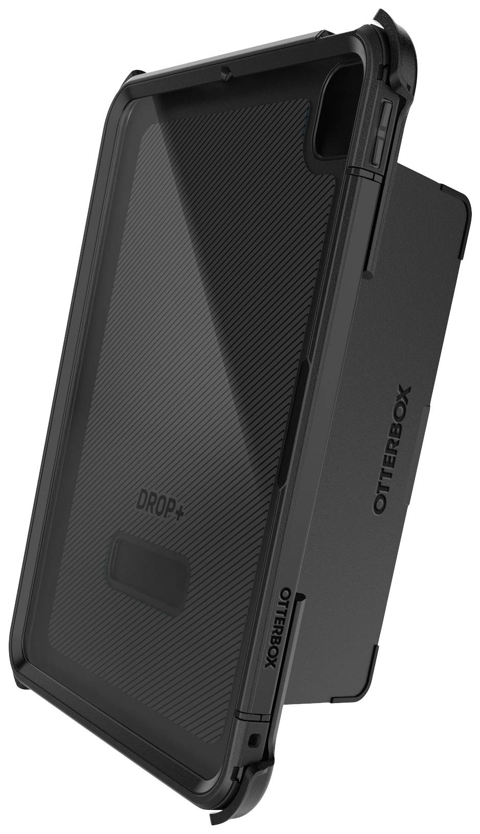 Černý odolný obal na tablet značky Otterbox, s robustním designem a nárazuvzdornou technologií, zobrazený ve vzpřímené poloze.