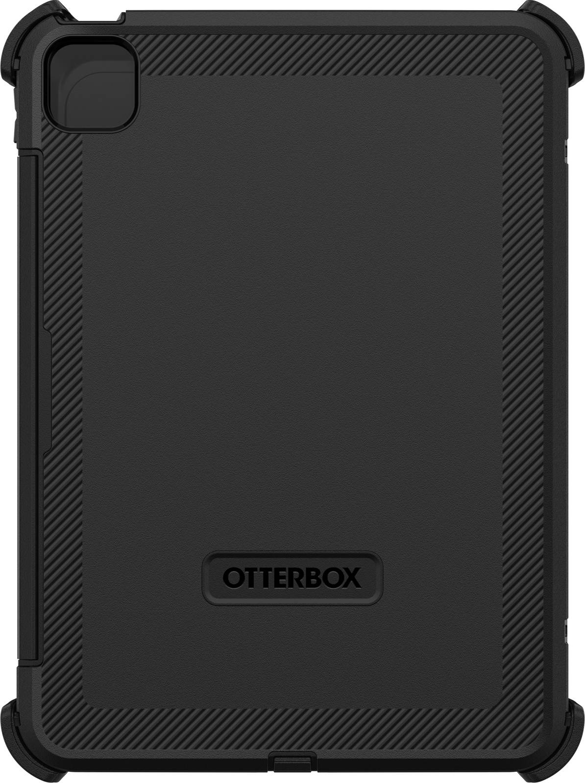 Pohled zezadu na černý ochranný kryt OtterBox pro tablet, který ukazuje robustní design se zesílenými rohy a strukturovanými boky.