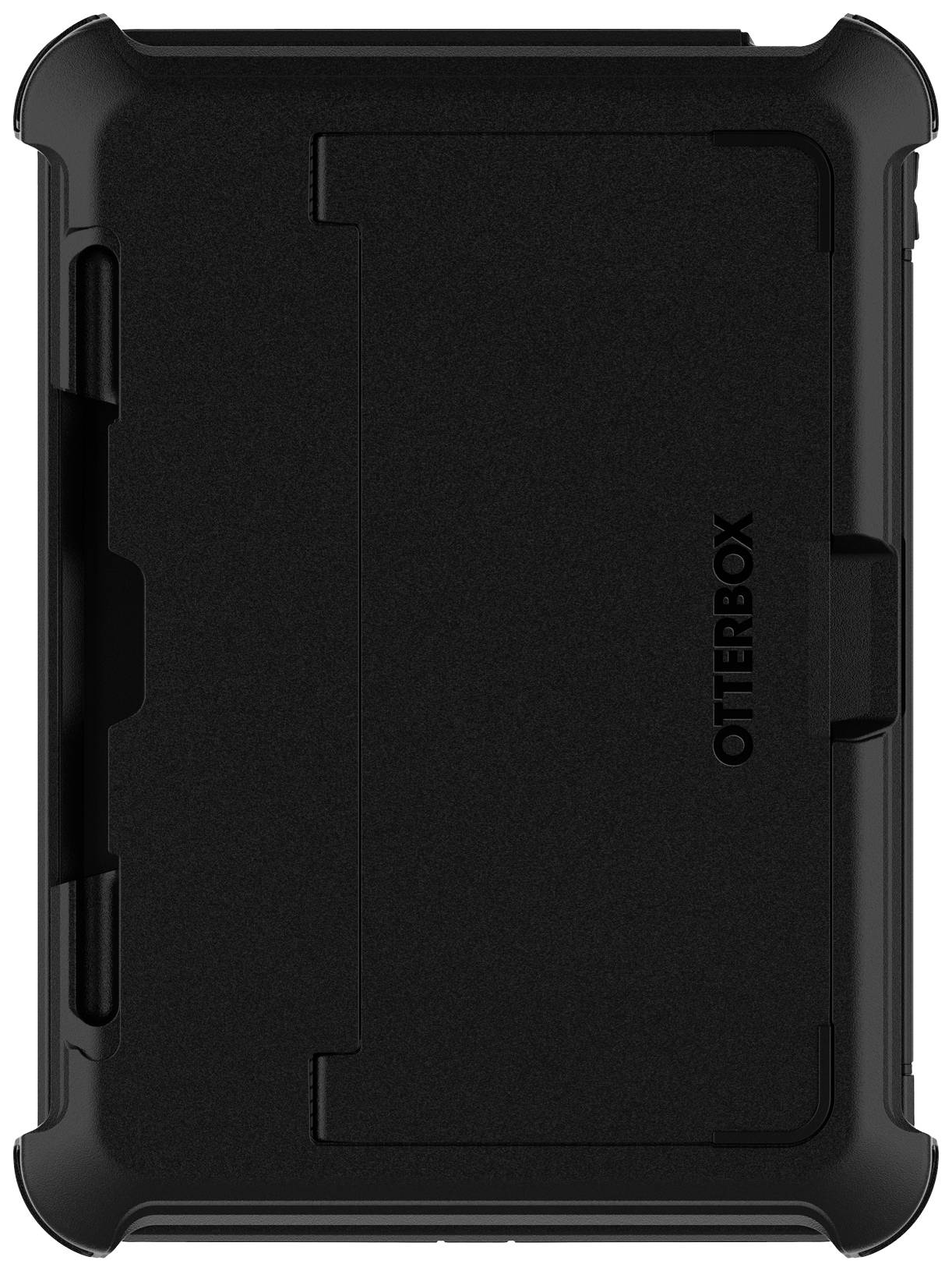 Černý ochranný kryt Otterbox, obdélníkového tvaru, s zesílenými rohy a integrovaným stojánkem, navržený pro tablet.