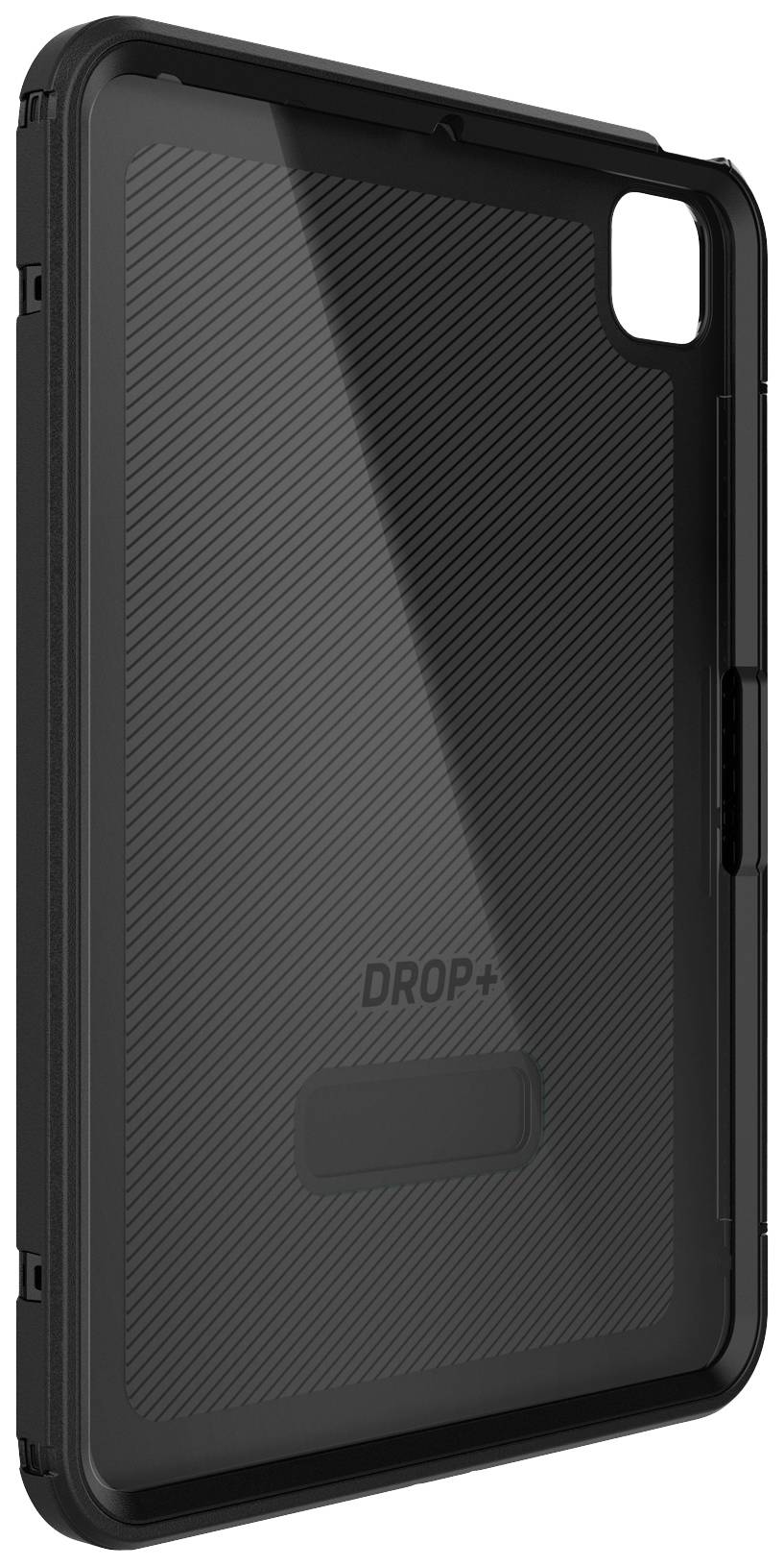Černý obal na tablet s diagonálními liniemi a nápisem 'DROP+'. Poskytuje ochranu před pádem a je robustně navržen.