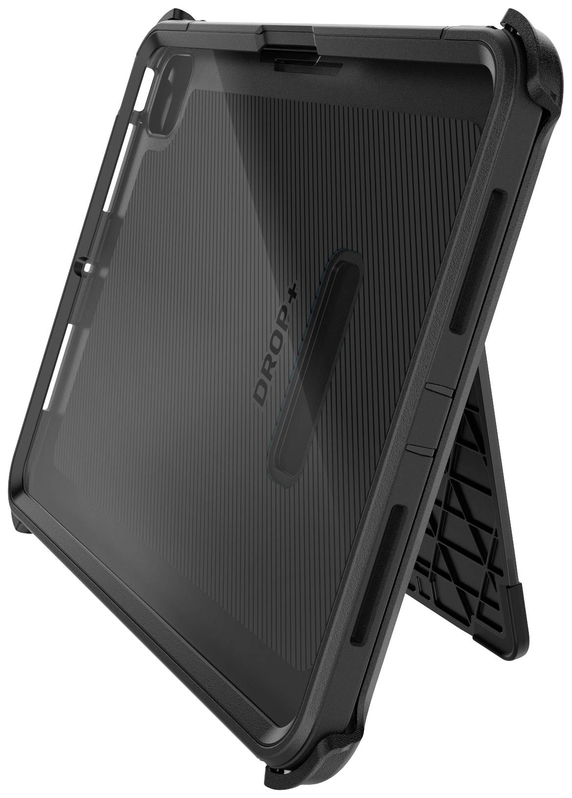Ochranný obal na tablet v černé barvě s sklápěcím stojánkem. Robustní design pro vyšší odolnost a stabilní uchycení.