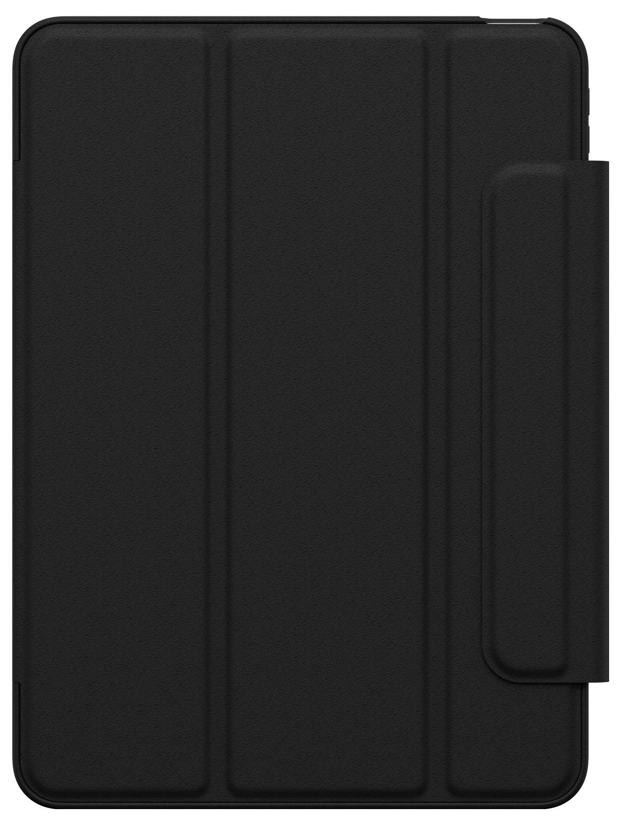 Černý pouzdro folio pro tablet s překlopem na pravé straně, zobrazeno zavřené na bílém pozadí.