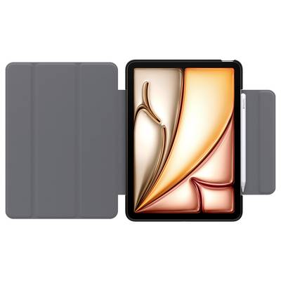 Tablet otevřený v šedém pouzdru knihy se zobrazením barevné abstraktní obrazovky.