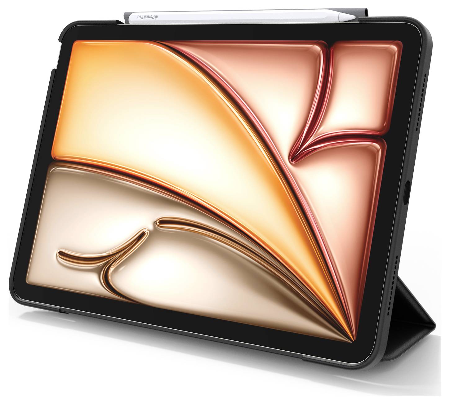 Tablet s černým pouzdrem na stojanu, zobrazený v úhlu s jasným abstraktním oranžovým a krémovým geometrickým zobrazením na obrazovce.