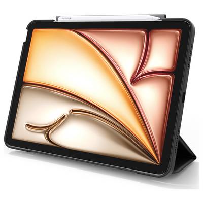 Tablet s černým pouzdrem na stojanu, zobrazený v úhlu s jasným abstraktním oranžovým a krémovým geometrickým zobrazením na obrazovce.