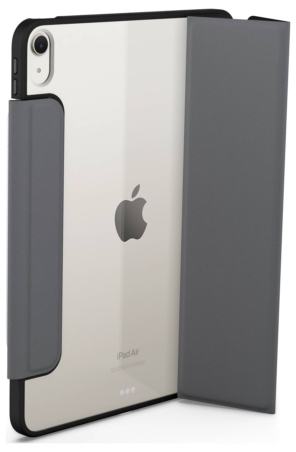 iPad Air od Apple v šedém pouzdru, zobrazený ze zadní strany s otevřeným krytem a viditelným fotoaparátem.
