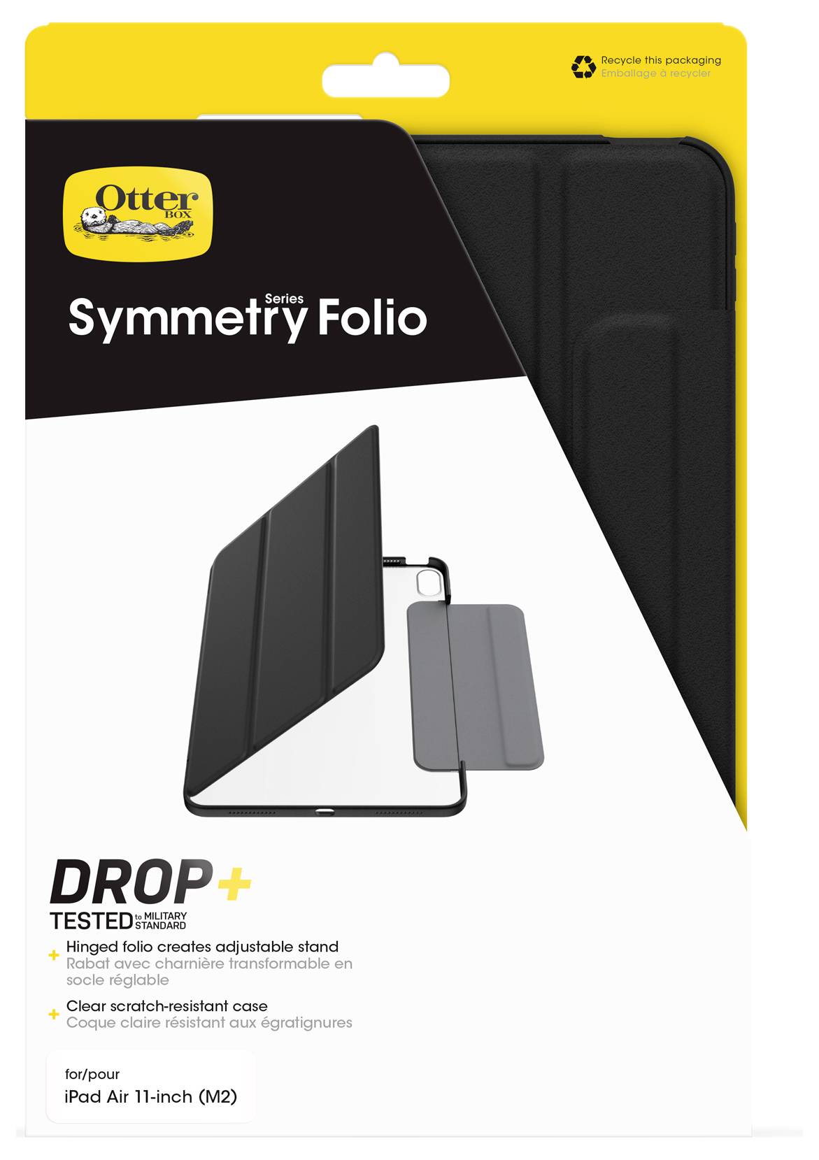 Balení OtterBox Symmetry Folio pouzdra pro iPad Air 11-palců (M2), zobrazující černou skládací kryt folio a šedý kryt stojanu, s textem "DROP+ testováno".