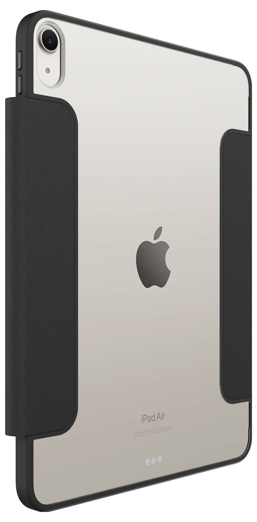 Zadní pohled na stříbrný iPad Air v černém ochranném obalu, ukazující logo Apple a výřez kamery.