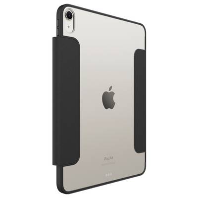 Zadní pohled na stříbrný iPad Air v černém ochranném obalu, ukazující logo Apple a výřez kamery.