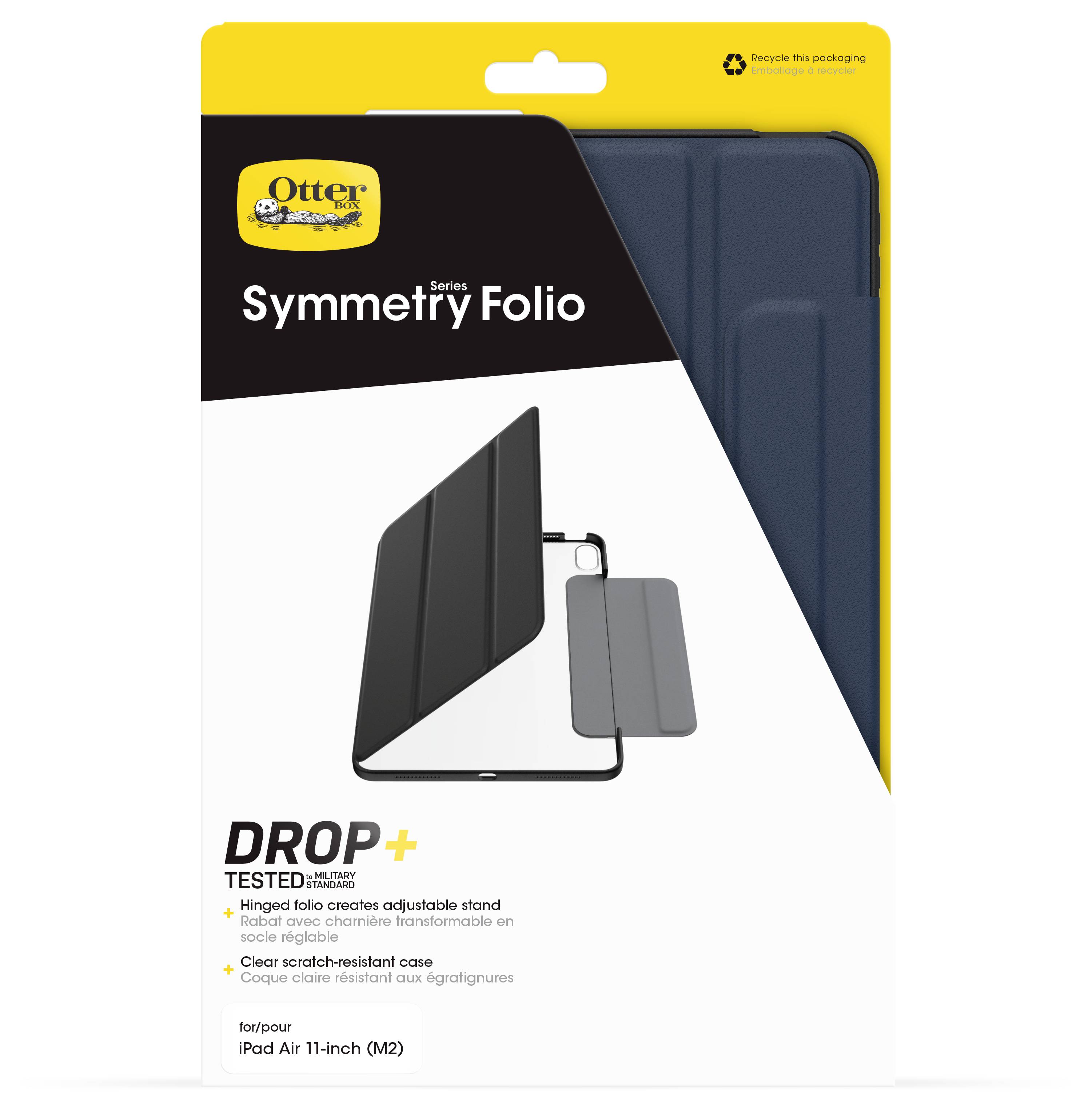 Obal OtterBox Symmetry Folio pro iPad Air 11palců (M2), zobrazující skládací stojan a ochranu testovanou pádem.