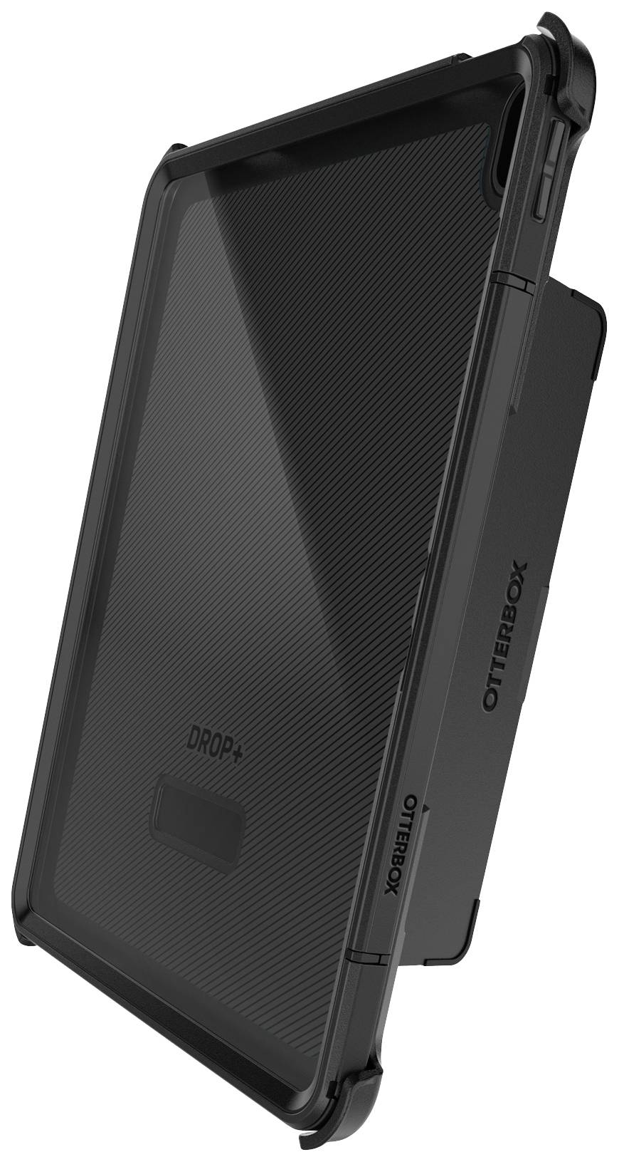 Černý tablet OtterBox kryt s robustním designem pro maximální ochranu před pádem, který zobrazuje logo a má strukturovaný povrch.