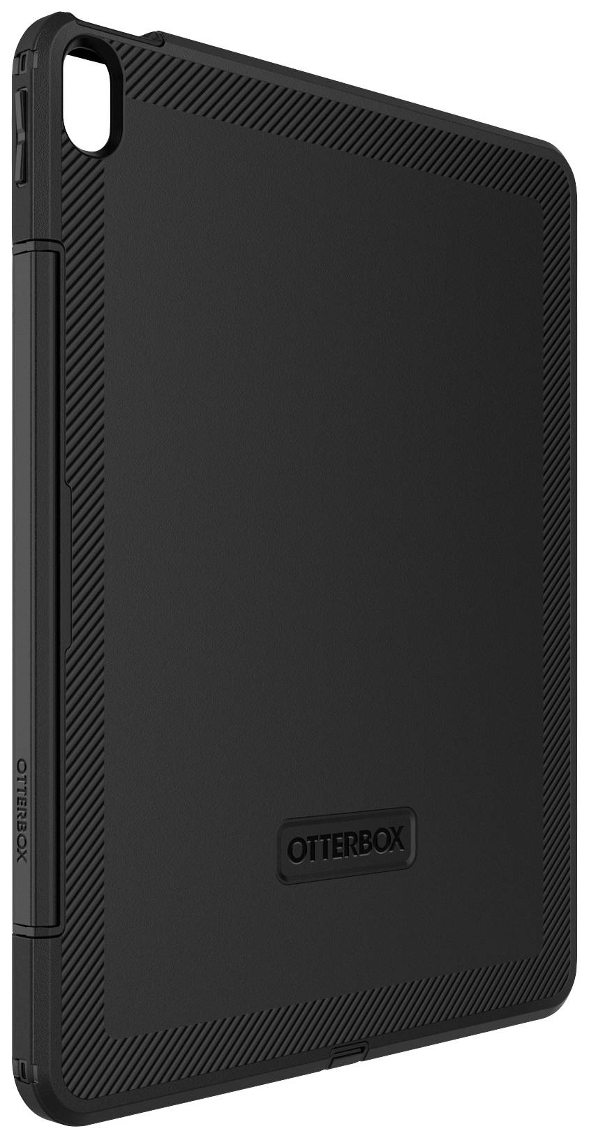 Černý tablet kryt OtterBox, robustní, hranatý design, chrání zařízení před nárazy. Vhodný pro použití na cestách.