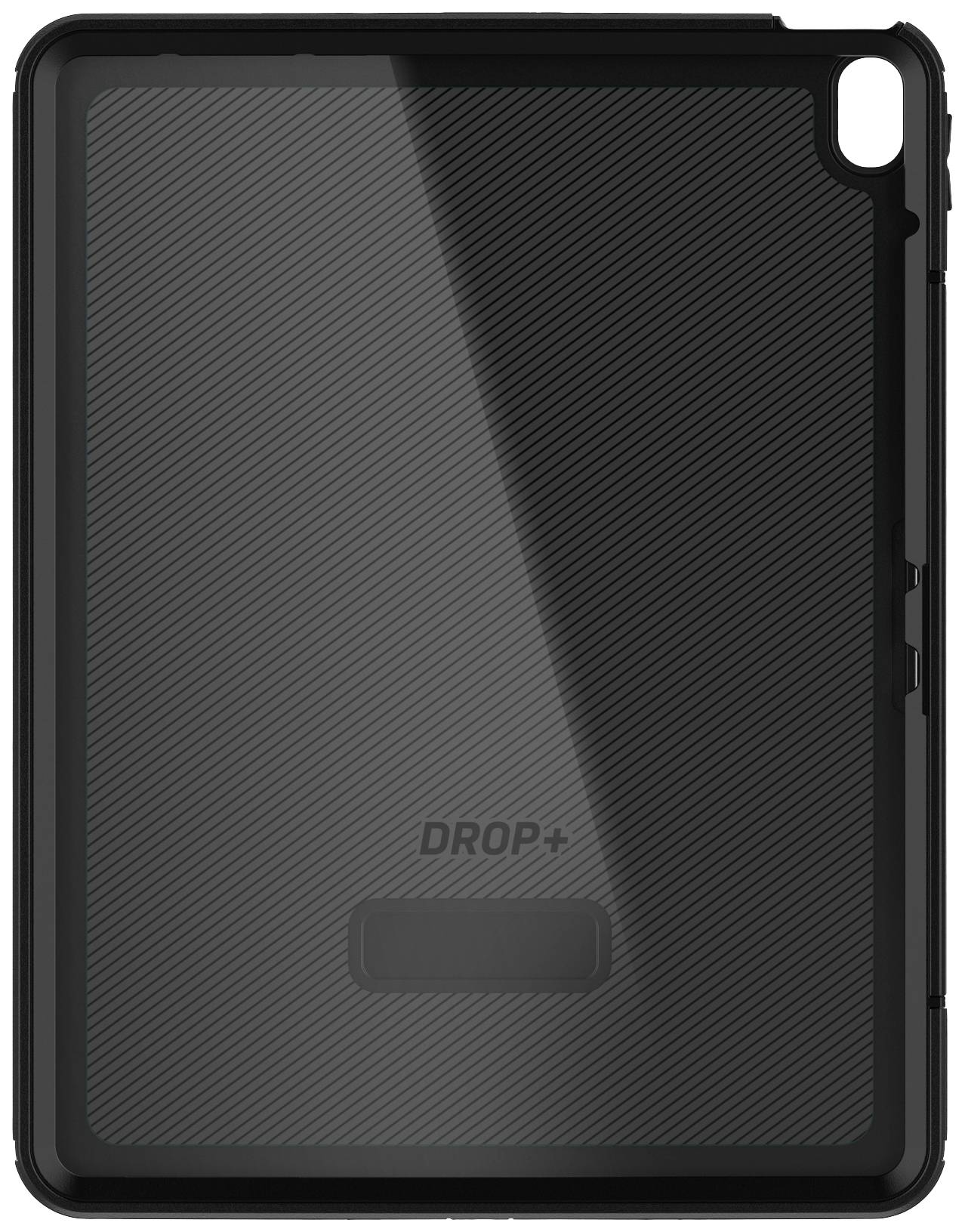 Obal na tablet v černé barvě s vroubkovaným povrchem a výřezem pro kameru. Text 'DROP+' je viditelný, robustní design.
