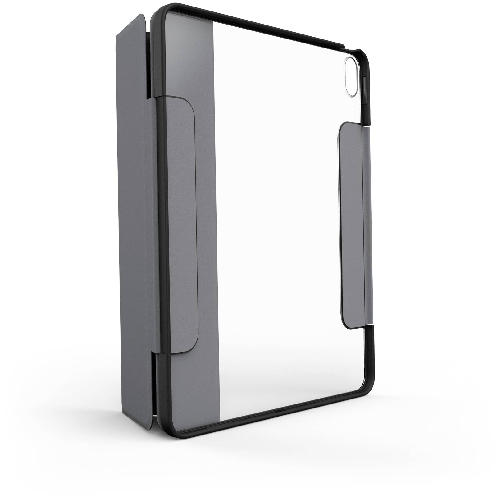 Šedočerné pouzdro na tablet, které je zčásti otevřené. Ukazuje průhledný kryt a boční úchyty.