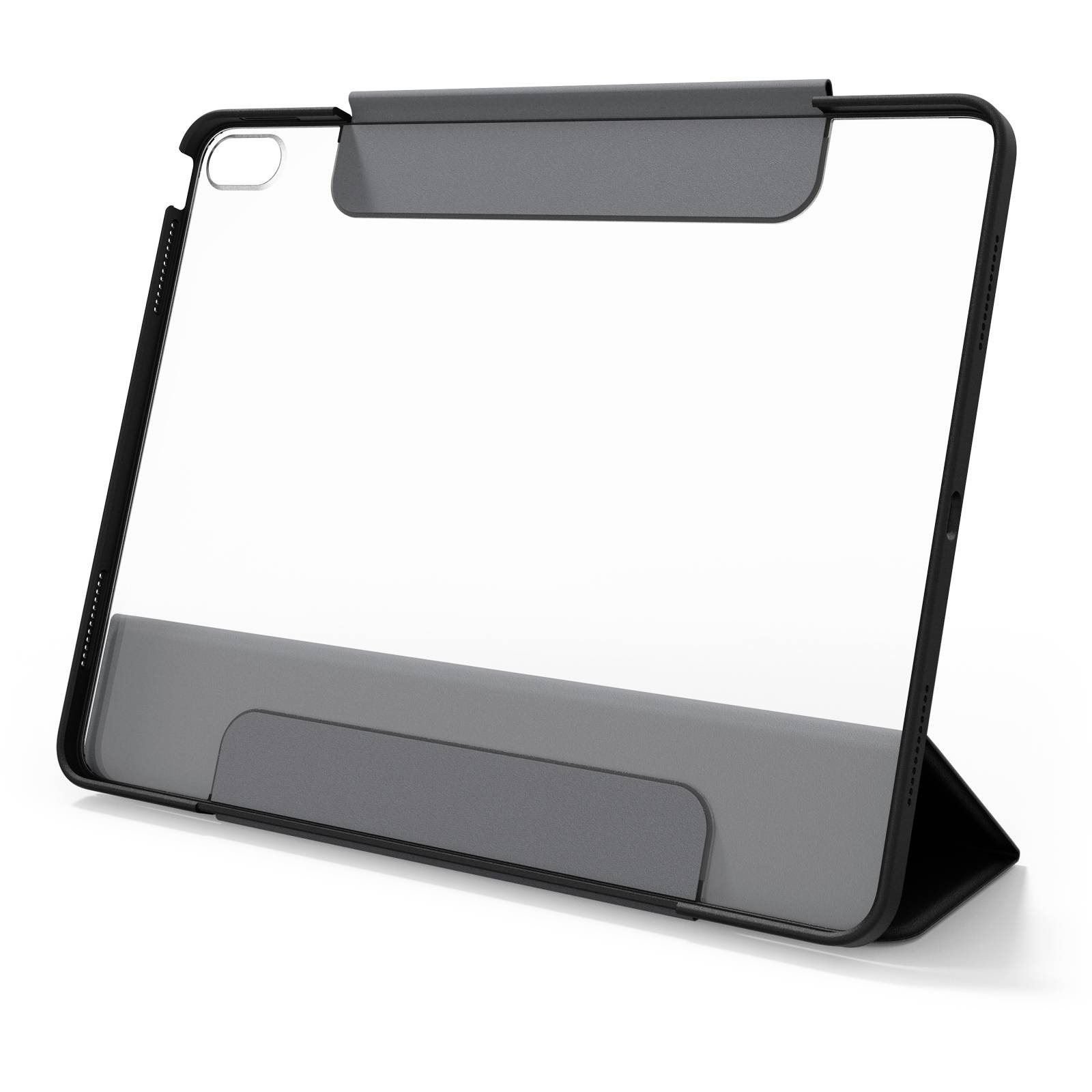 Černý ochranný obal na tablet, který slouží zároveň jako stojánek, je lehce otevřený a ukazuje svou funkční skládací strukturu.