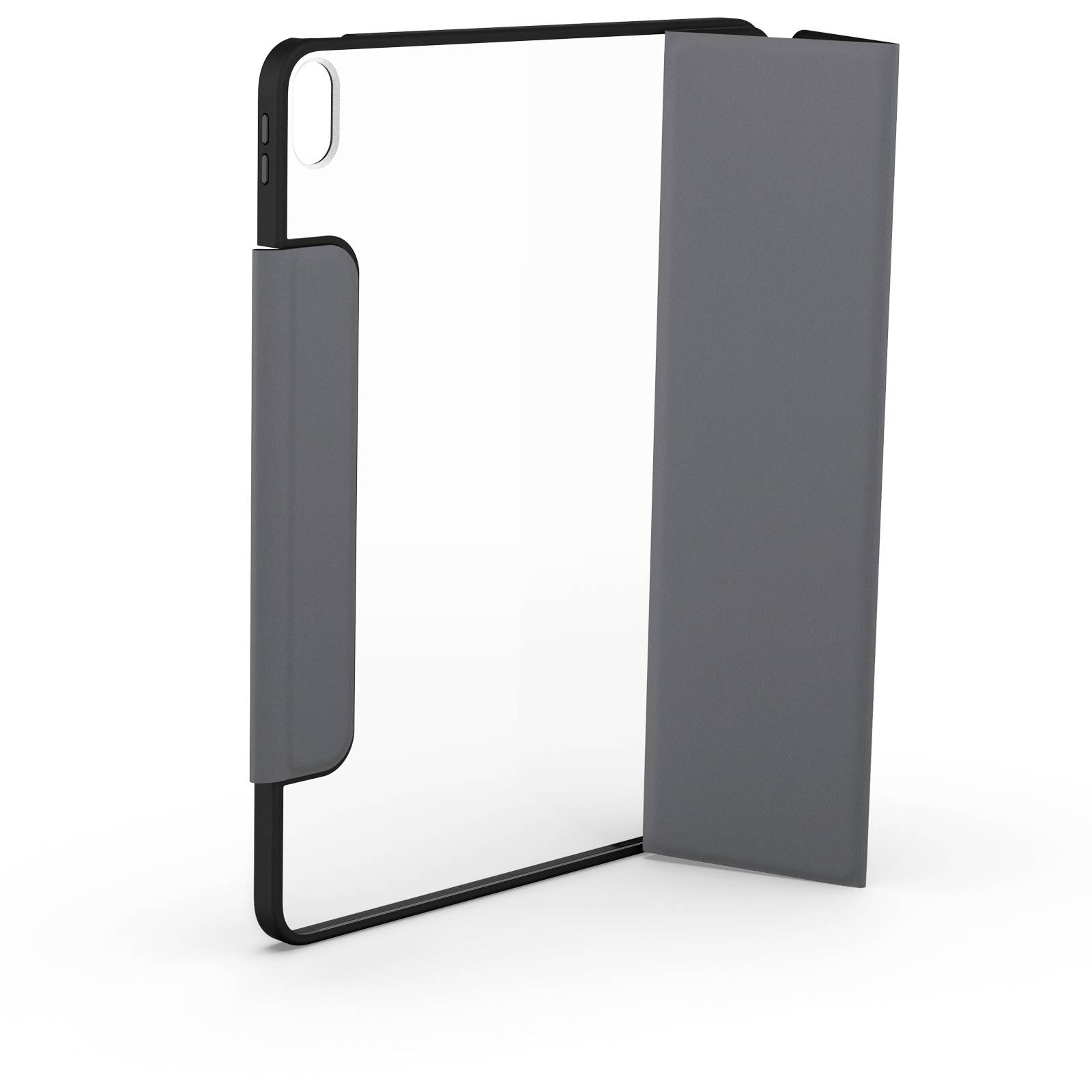 Šedý obal na tablet s průhlednou zadní stranou a klopným víkem, zobrazený zezadu.