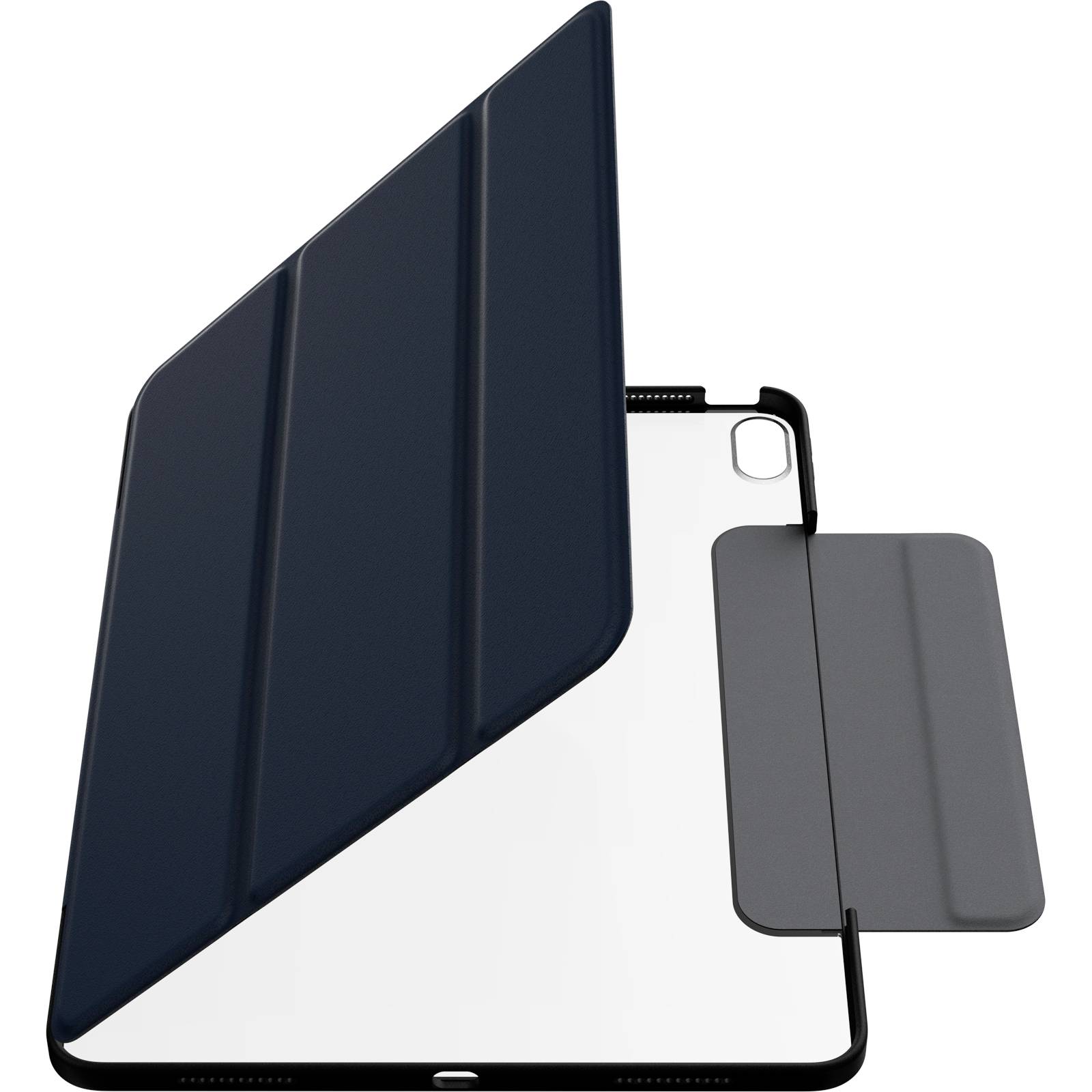 Černý obal na tablet v otevřené poloze ukazuje přední a zadní stranu. Má tenkou, sklopitelnou krytku.