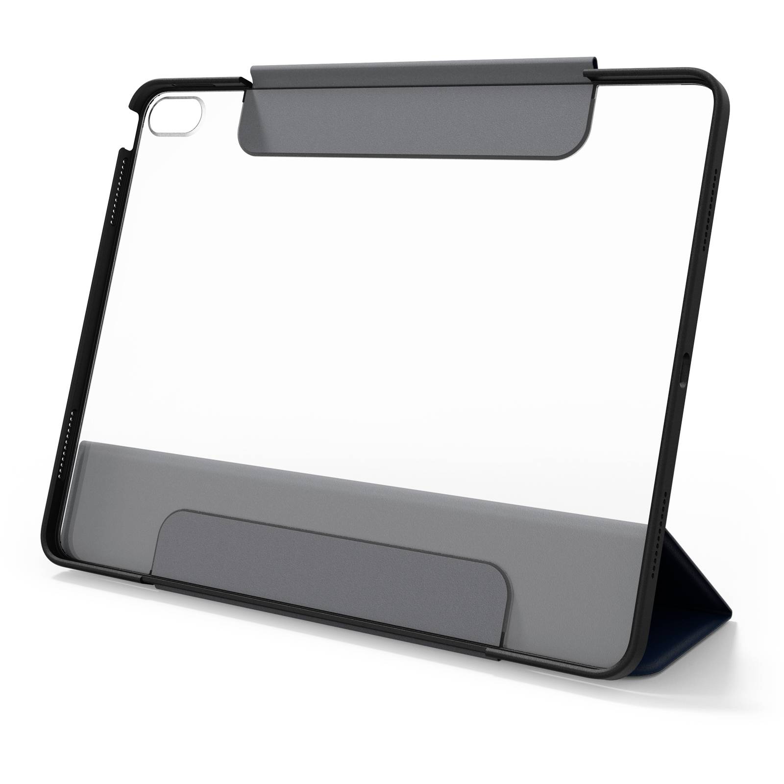 Pouzdro na tablet se stojanem, tmavé barvy, jednoduché designu.