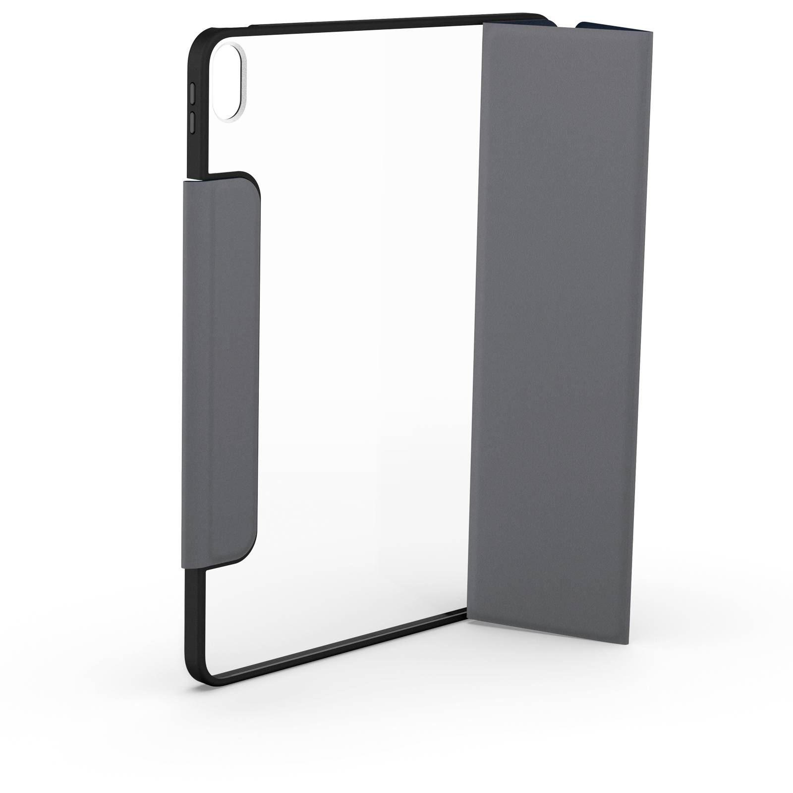Tablet s průhledným pouzdrem a šedým sklápěcím krytem, který zcela chrání zadní stranu.