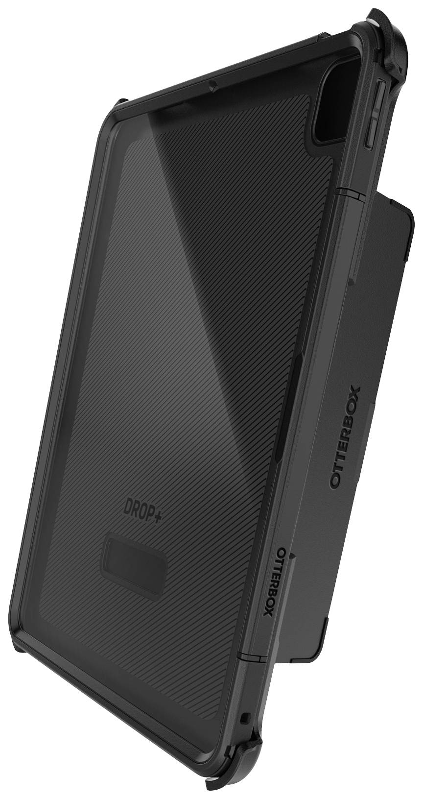 Tablet s černým ochranným pouzdrem ukazuje robustní design a zesílené rohy pro lepší ochranu před pádem. Značka: OtterBox.