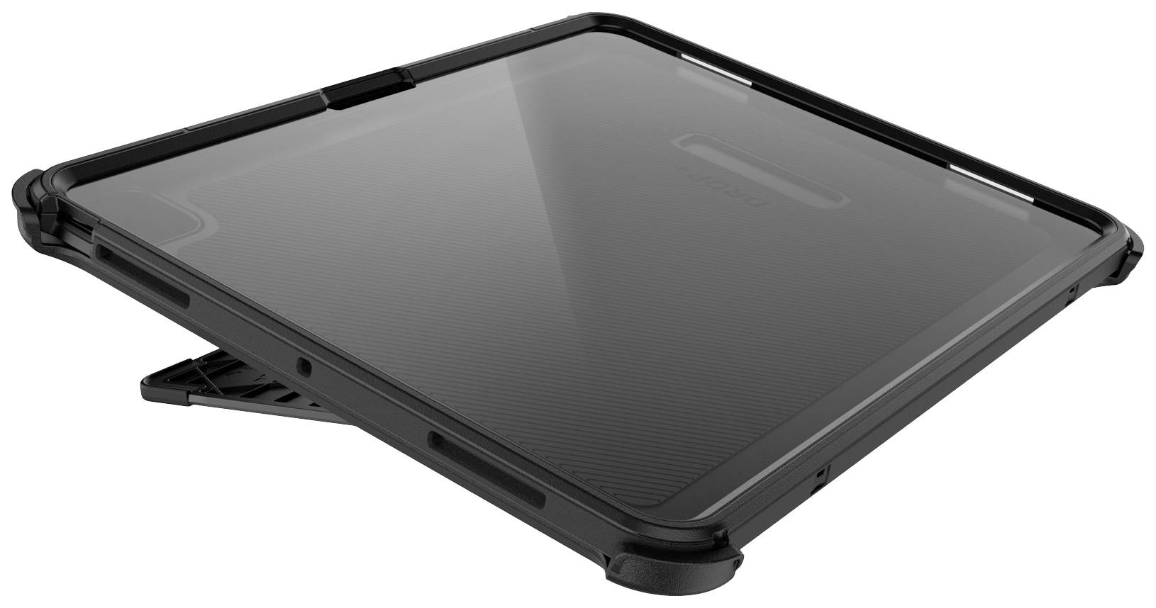 Černý tablet s robustním obalem a stojánkem, který leží na povrchu v lehkém úhlu.