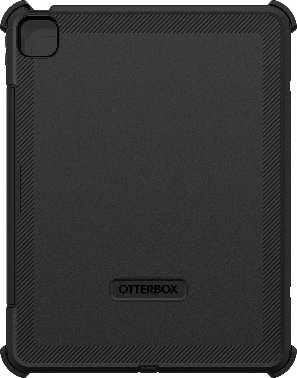 Černý tablety Otterbox kryt ležící na rovném povrchu, s zesílenými rohy pro zvýšenou ochranu.