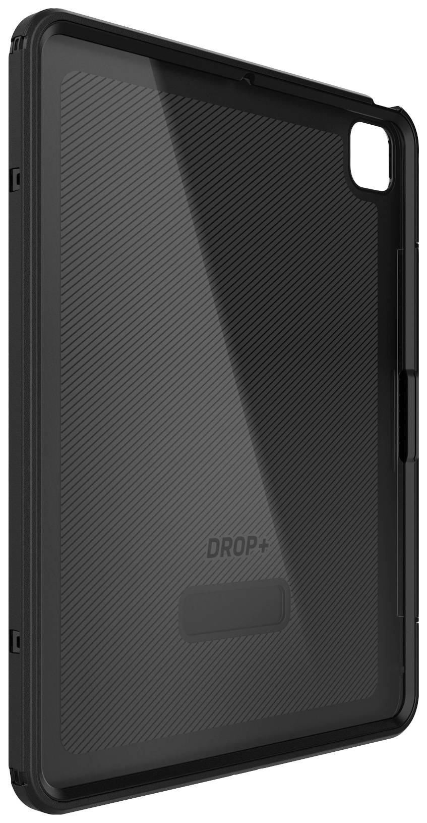 Černý, robustní tablet case s žebrovaným povrchem na zadní straně a výřezem pro kameru. Označení: 'DROP+'. Důraz na ochrannou funkci.
