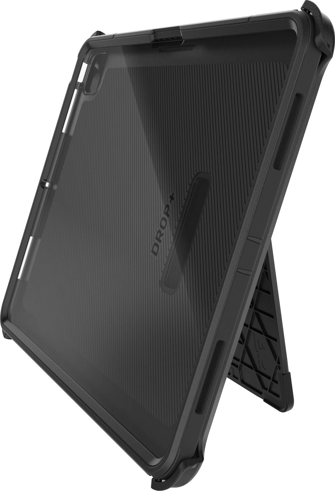 Černý obal na tablet s integrovanou opěrkou, poskytuje odolnou ochranu a umožňuje sledování bez držení v ruce.