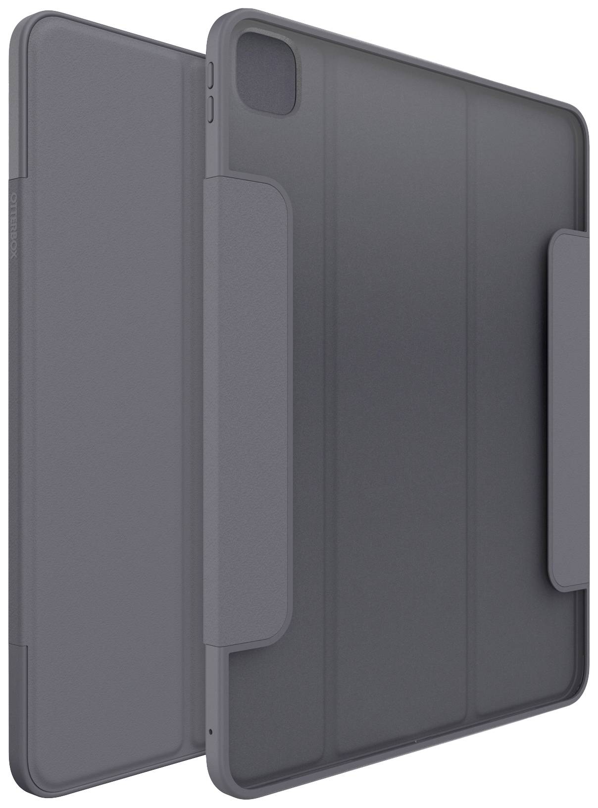 Šedý obal na tablet se stojánkou, vhodný pro obdélníkový tablet. Dva pohledy: přední a zadní strana.