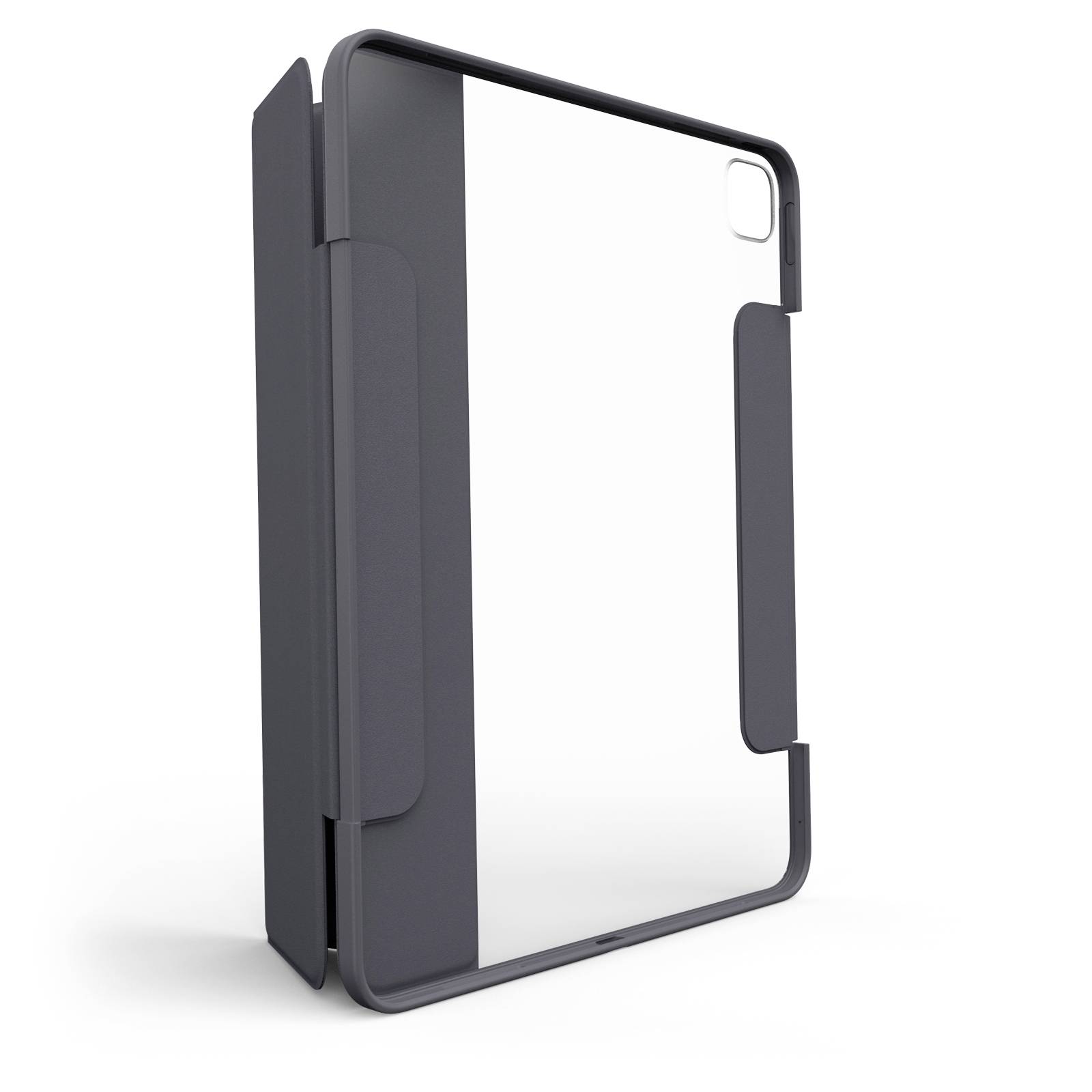 Šedý obal na tablet s průhlednou zadní stranou, který poskytuje ochranu a zároveň umožňuje přístup k displeji tabletu.