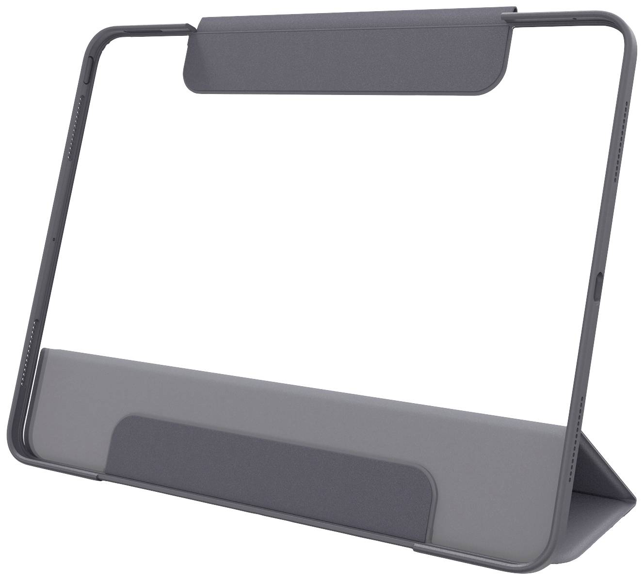 Černý tablet v pouzdře se stojánkou, otevřený v úhlu, který pomáhá udržet přístroj ve vzpřímené poloze, na bílém pozadí.