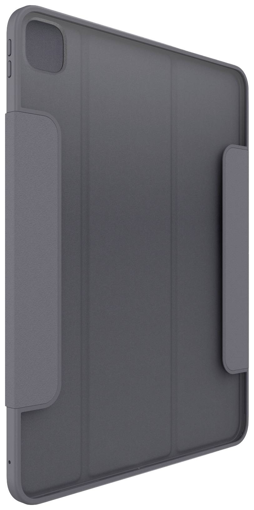 Šedý tablet s ochranným pouzdrem stojí zpříma. Pouzdro má dvě boční chlopně pro stabilizaci.