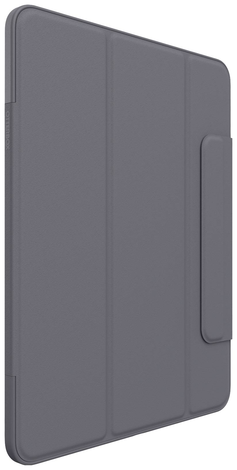 Šedý, tenký ochranný obal na tablet, uzavřený. Víko je ploché a má magnetický zámek na straně.
