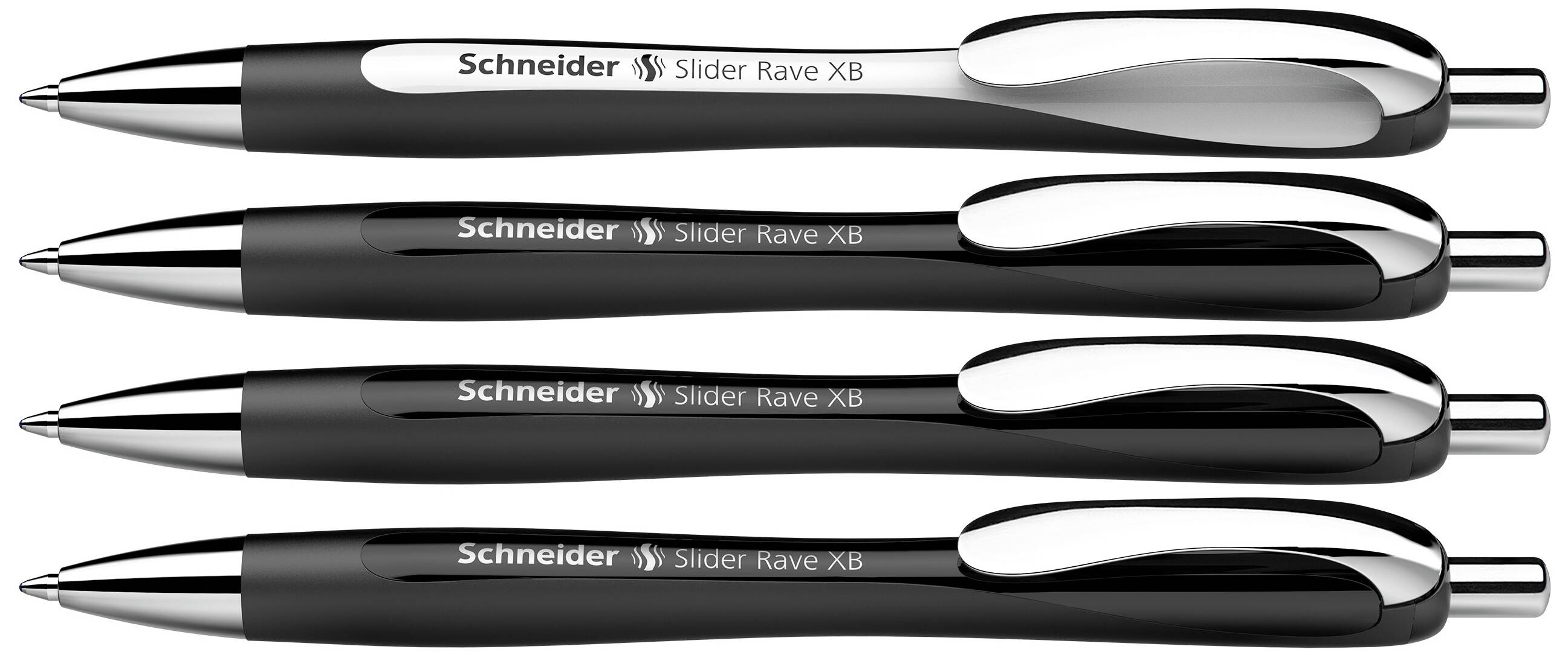 Čtyři propisky s černým tělem a stříbrnými sponkami leží vedle sebe rovnoběžně. Nápis: 'Schneider Slider Rave XB'.