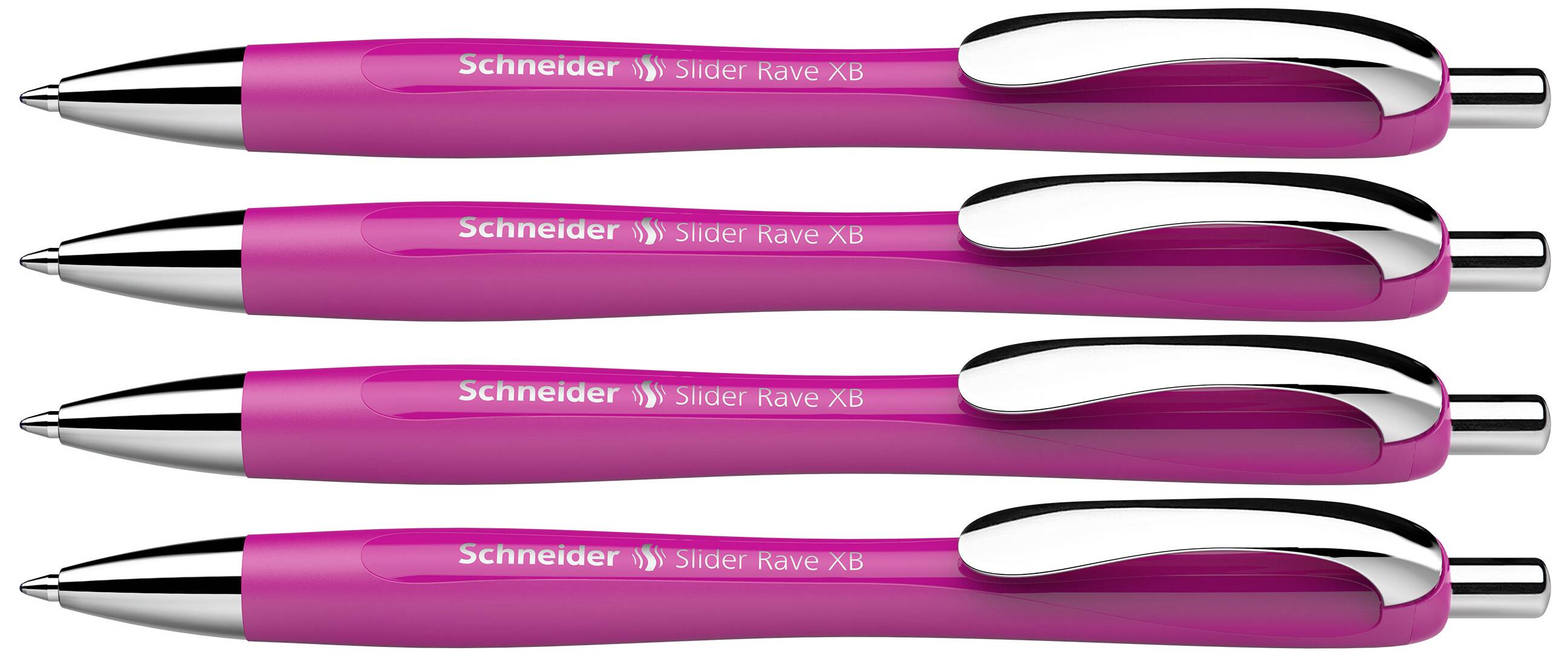 Čtyři růžové kuličkové pero značky Schneider Slider Rave XB v řadě.